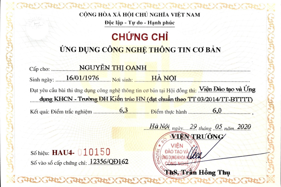 Hình ảnh của chứng chỉ tin học cơ bản